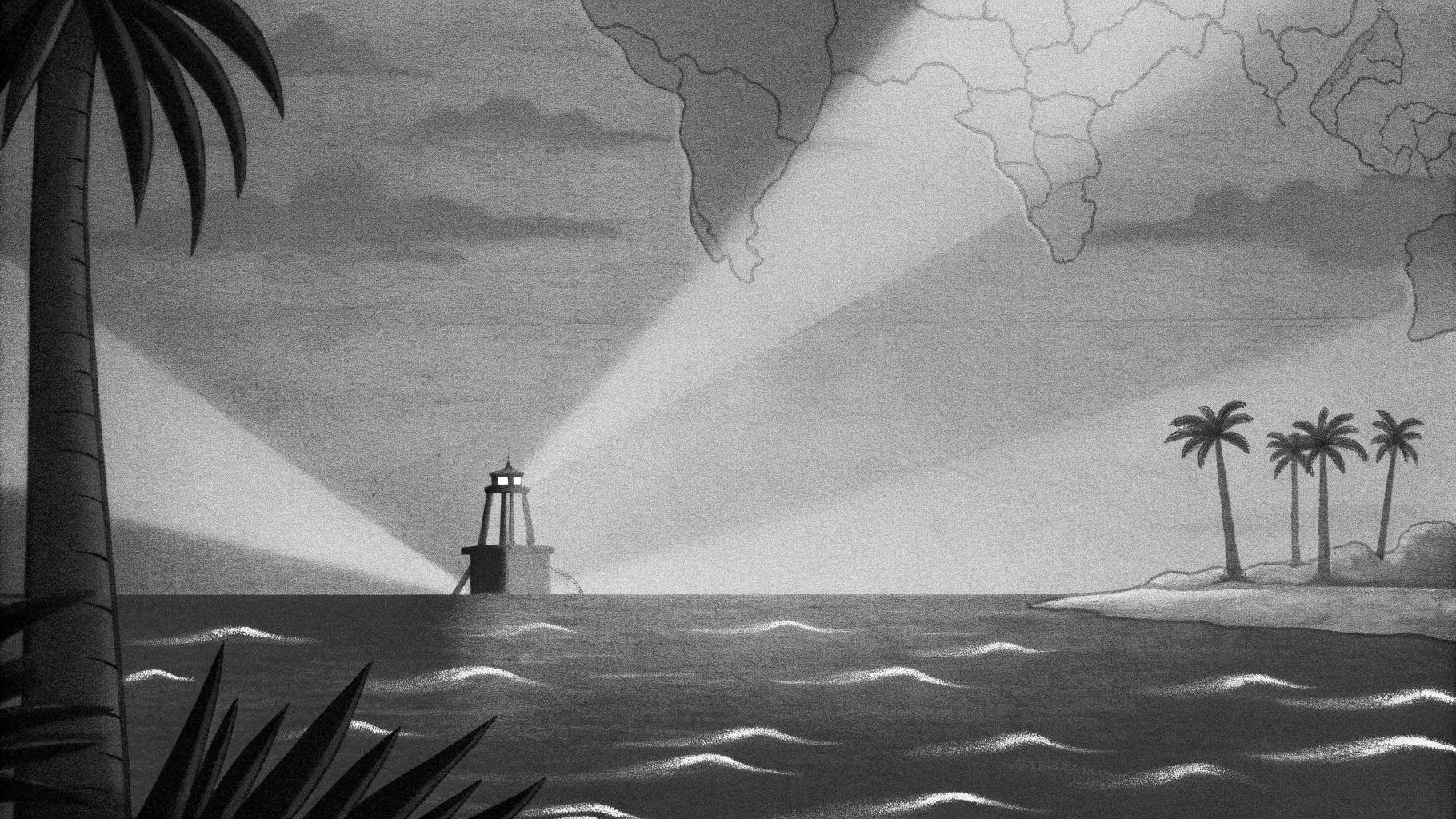 Illustration abstraite d’une frontière maritime autour de Mayotte, avec des tons sobres et un style éditorial