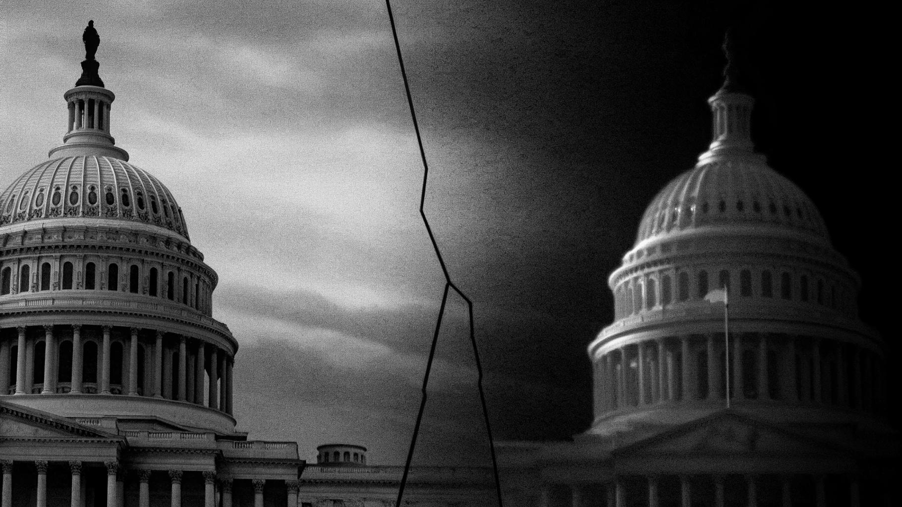 Illustration abstraite d’un lien discret entre Washington et Moscou sur fond géopolitique sombre