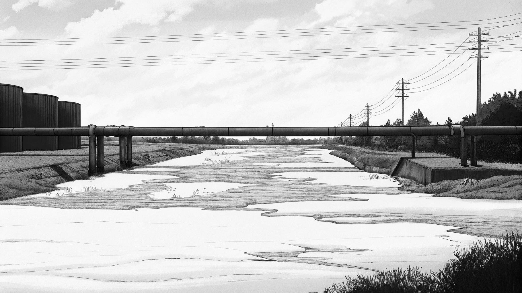 Illustration abstraite d’une rivière asséchée alimentant un réseau d’eau potable en zone urbaine