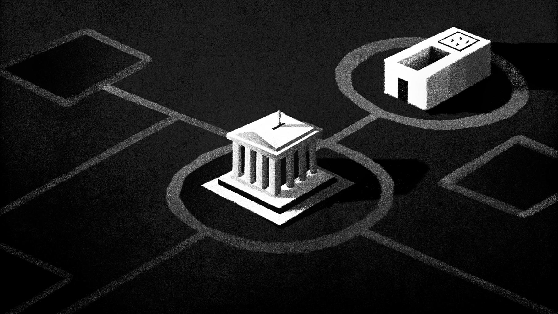 Illustration abstraite d’un scrutin politique avec des chemins divergents et une urne de vote