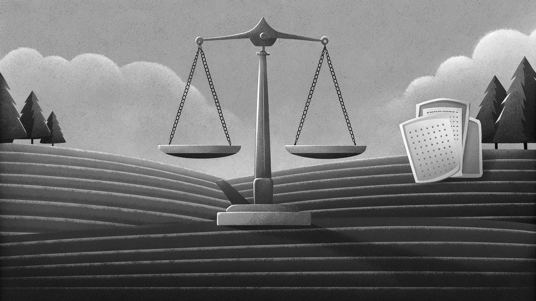 Illustration abstraite d’une balance, d’un calendrier et d’un bouclier symbolisant le financement de la lutte contre les violences sexuelles