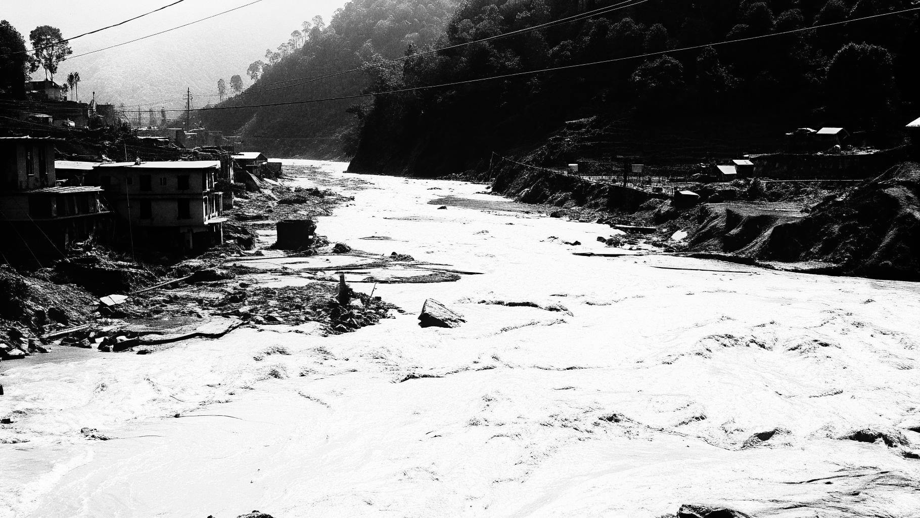 Illustration abstraite d’une vallée himalayenne dévastée par des inondations et des glissements de terrain