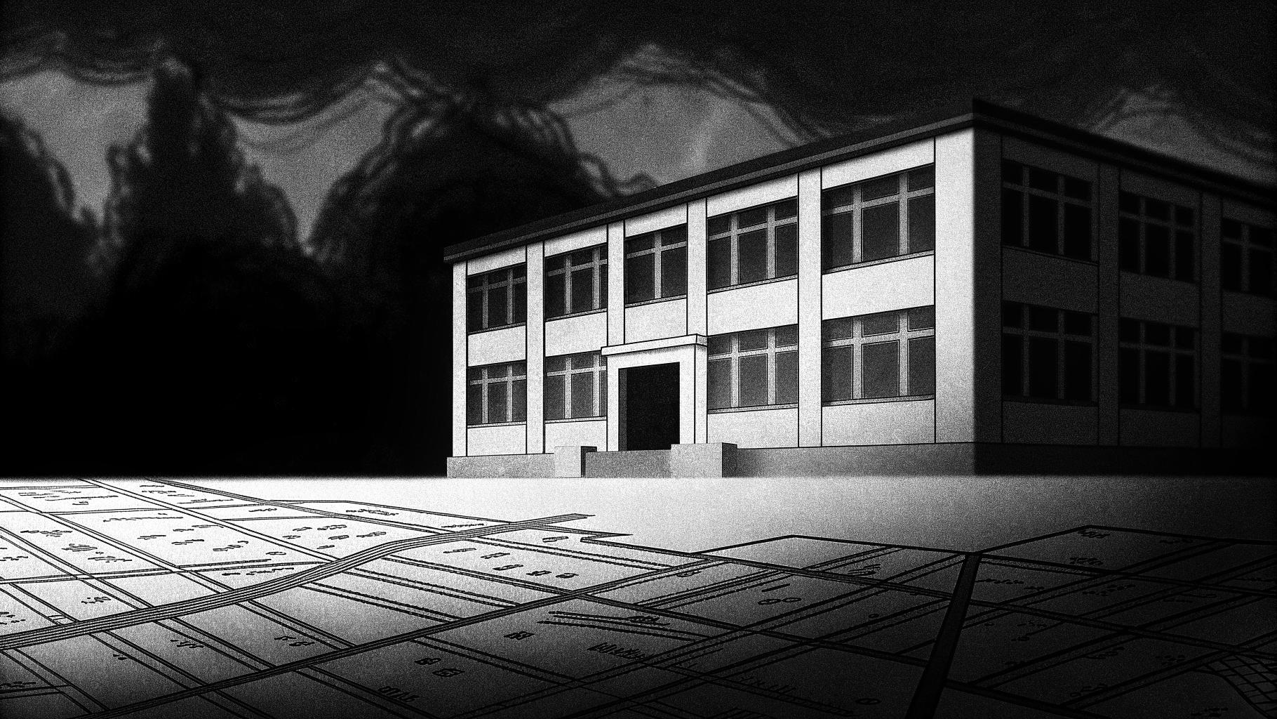 Illustration abstraite d’une école et d’une carte territoriale évoquant la baisse des effectifs scolaires