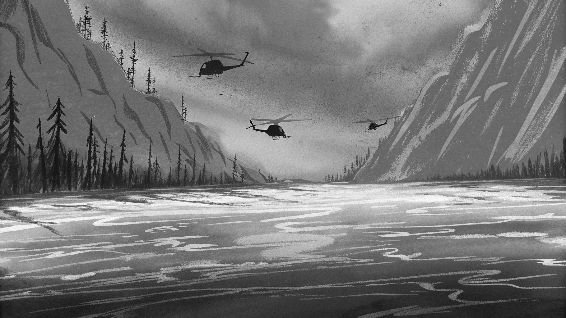 Illustration abstraite d’une vallée himalayenne inondée avec routes coupées et secours en difficulté