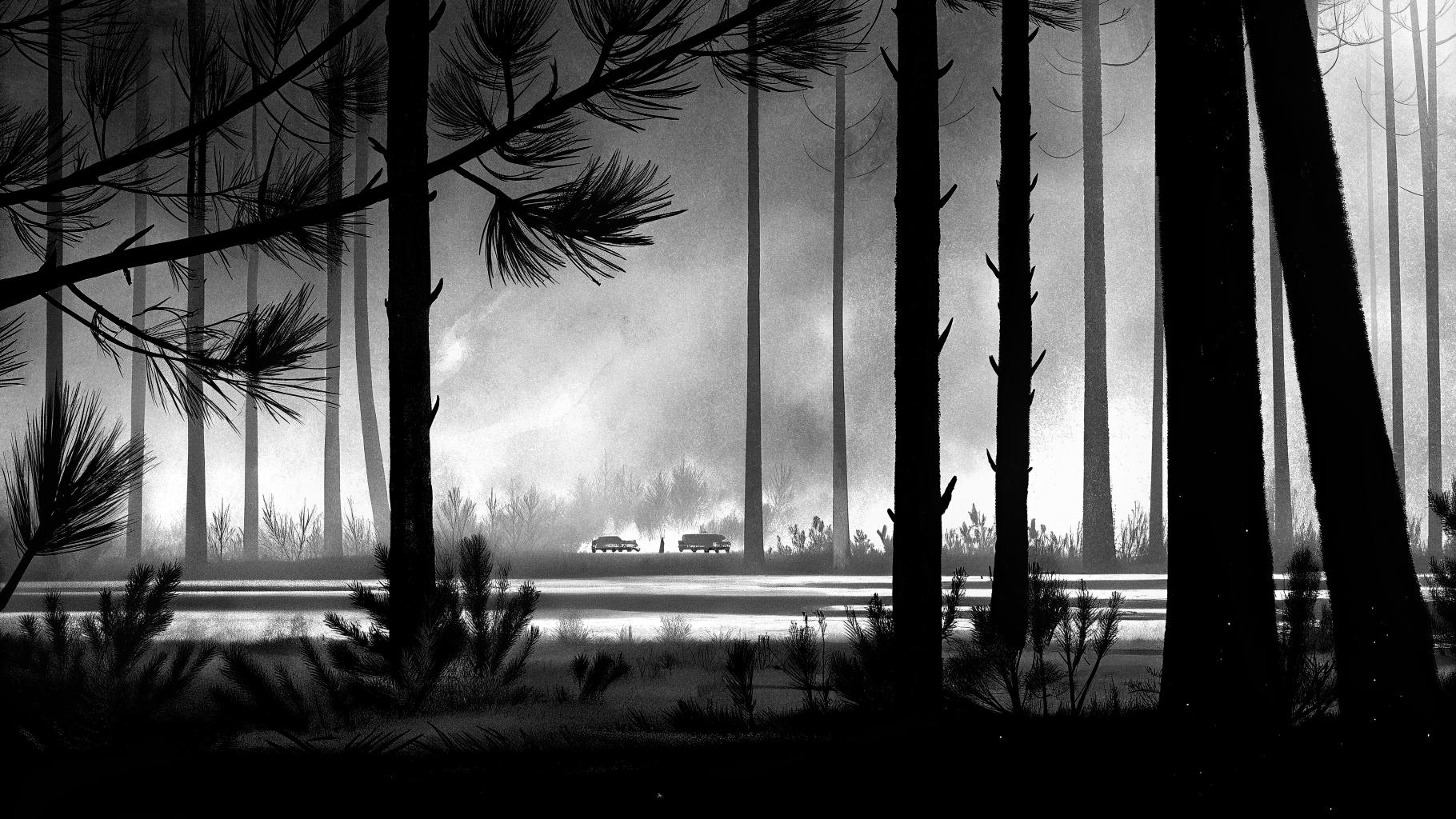 Illustration abstraite d’une forêt sous la chaleur avec fumée et véhicules de secours