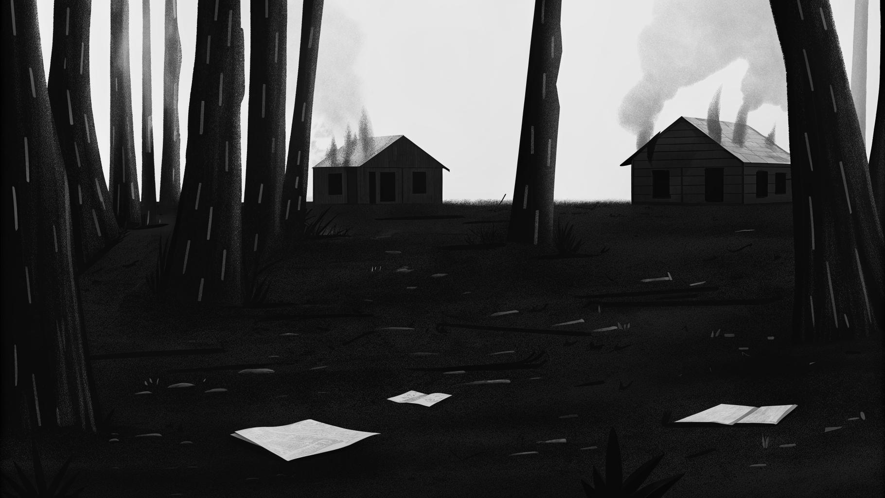 Illustration abstraite d’une zone forestière brûlée avec des habitations endommagées et des documents de reconstruction