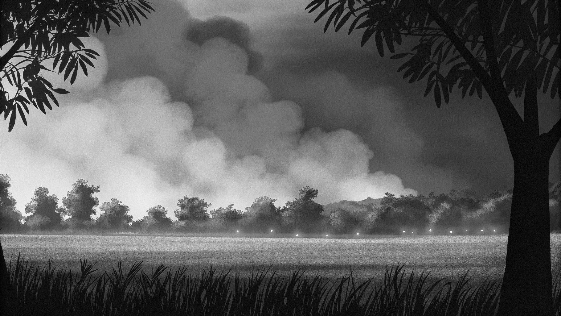 Illustration abstraite d’une forêt en fumée avec des secours en intervention