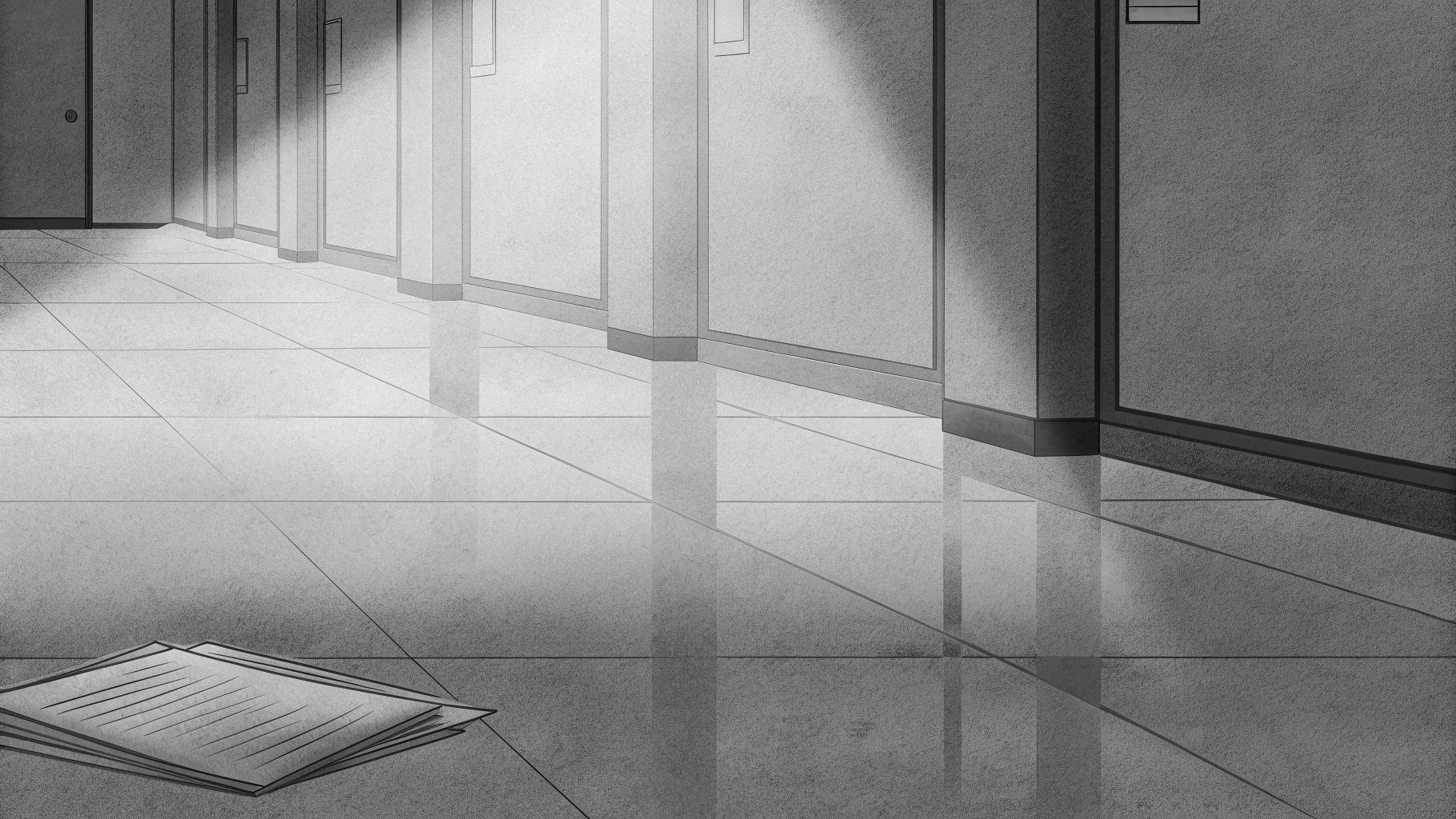 Illustration abstraite d’un couloir universitaire avec des documents flous et une lumière dramatique