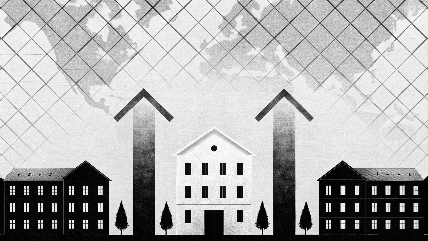 Illustration abstraite d’un classement mondial des universités avec des silhouettes de campus et une carte stylisée