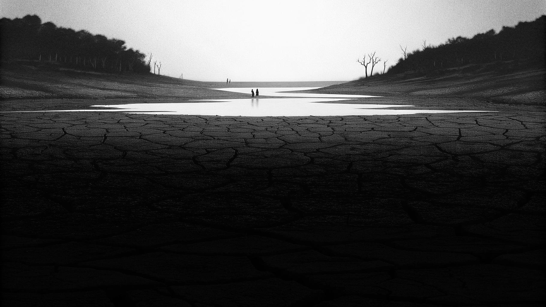 Illustration abstraite d’un paysage asséché avec des réseaux d’eau et un robinet symbolique