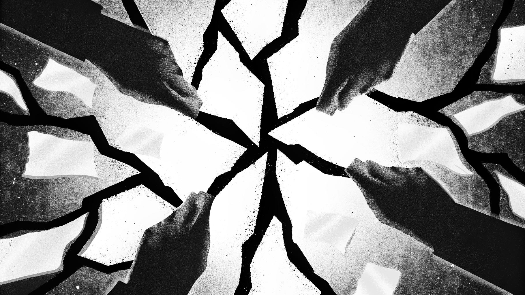 Illustration abstraite de blocs politiques fragmentés convergeant vers une forme centrale unique