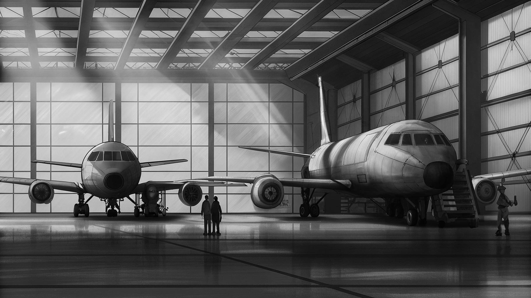 Illustration abstraite de chaînes d’assemblage aéronautiques avec fuselages et structures d’avions en production.