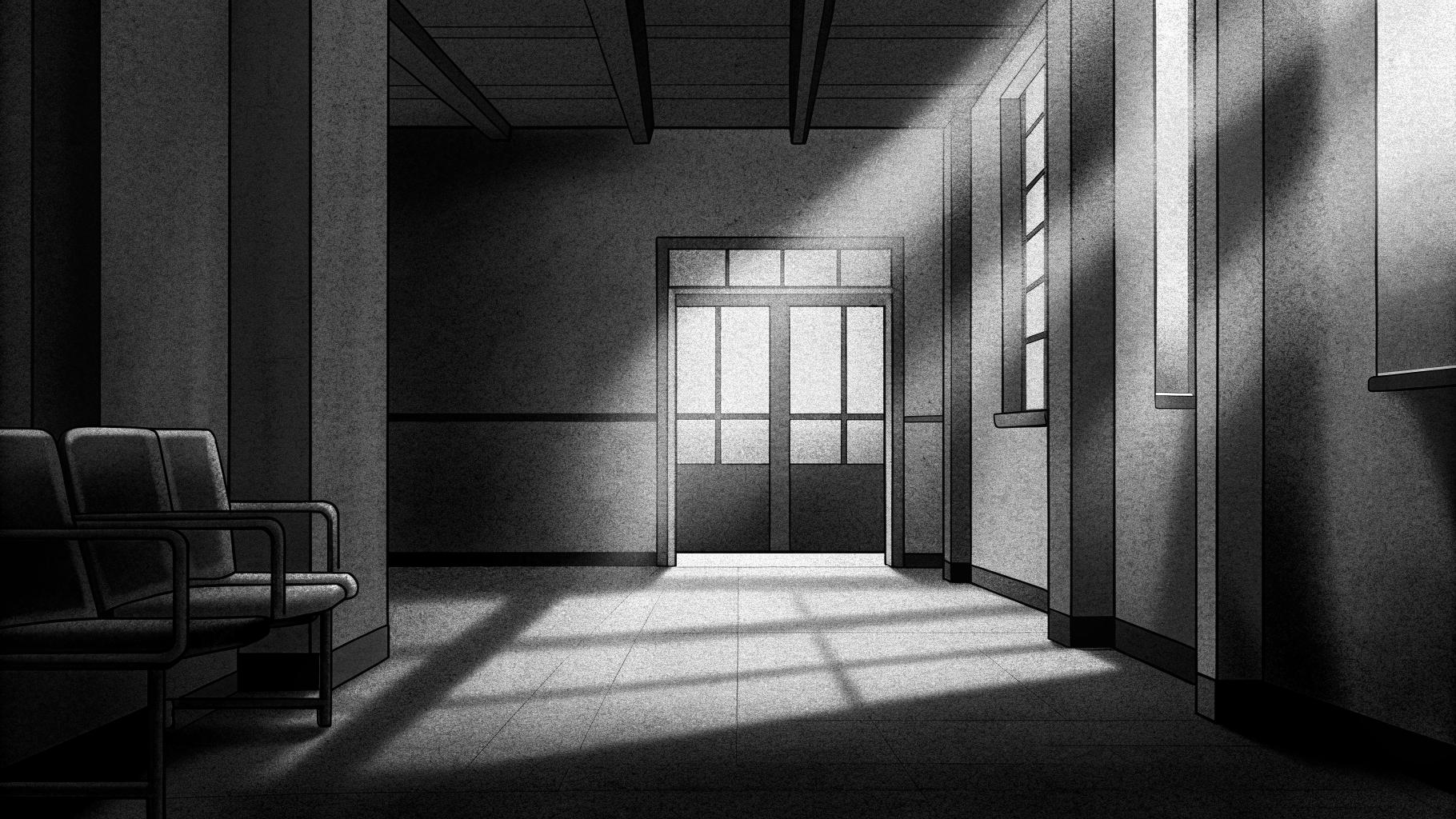 Illustration abstraite d’un couloir d’hôpital avec une salle d’attente et des contrastes de lumière évoquant l’inégalité d’accès aux soins
