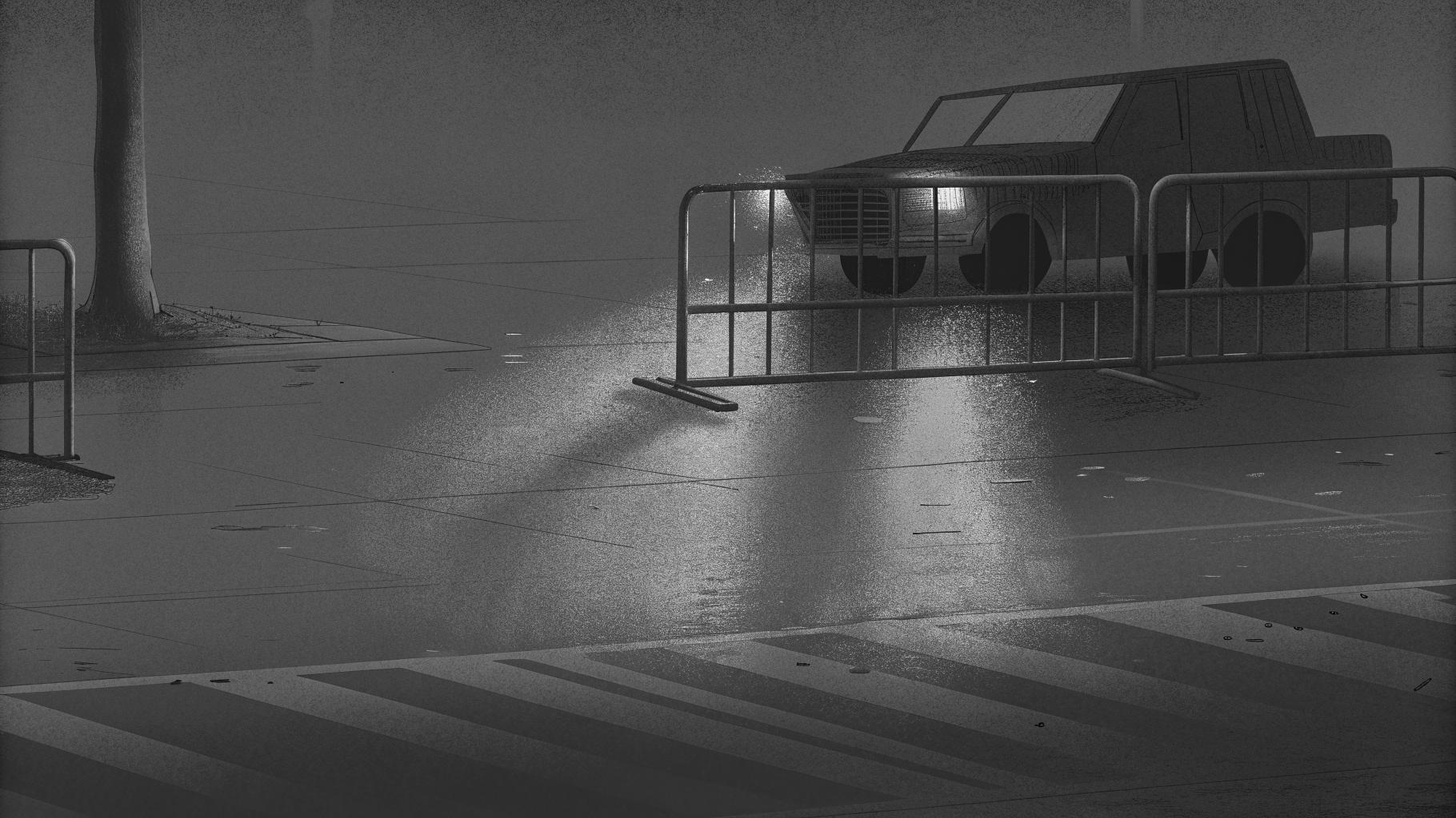 Illustration abstraite d’une attaque à la voiture lors d’un rassemblement à Berlin, avec lumière d’urgence et ambiance sombre.