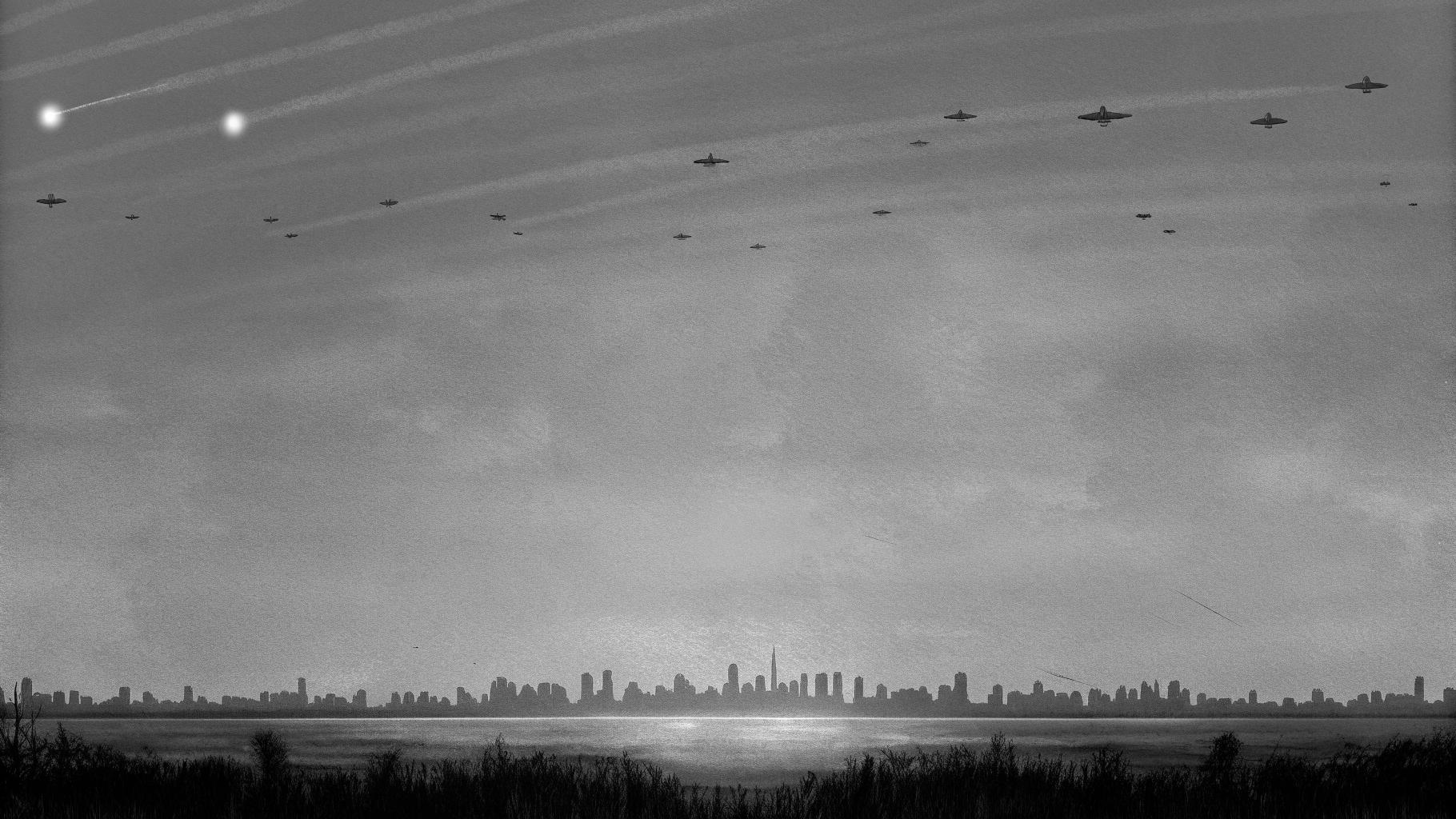 Illustration abstraite d’une ville sous la menace de drones dans une ambiance sobre et journalistique