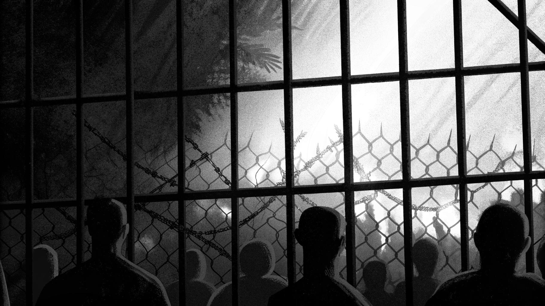 Illustration abstraite d’une prison surpeuplée sous tension, avec lumières d’urgence et silhouettes floues