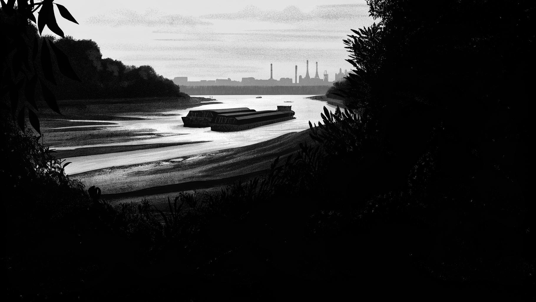 Illustration abstraite d’un fleuve en très bas niveau avec barges allégées et industrie en arrière-plan
