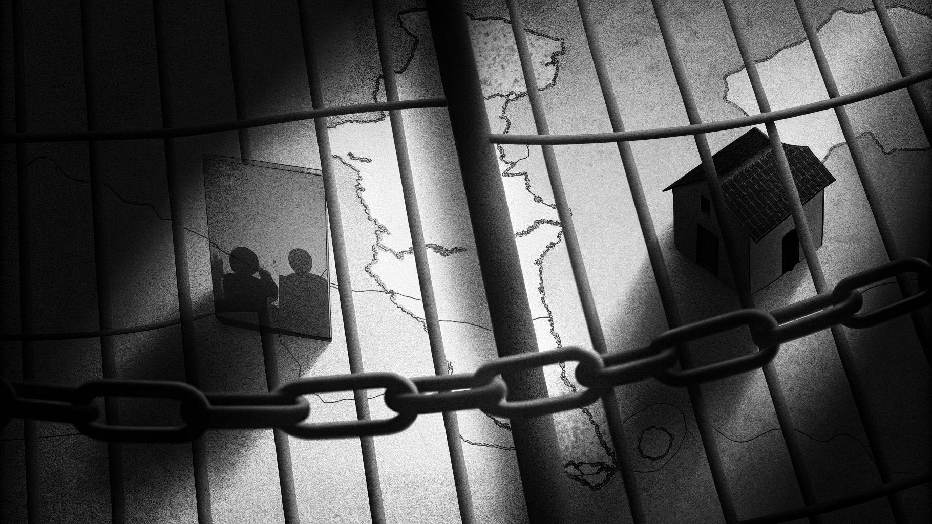 Illustration abstraite montrant la Corse et des symboles de tension sécuritaire et institutionnelle