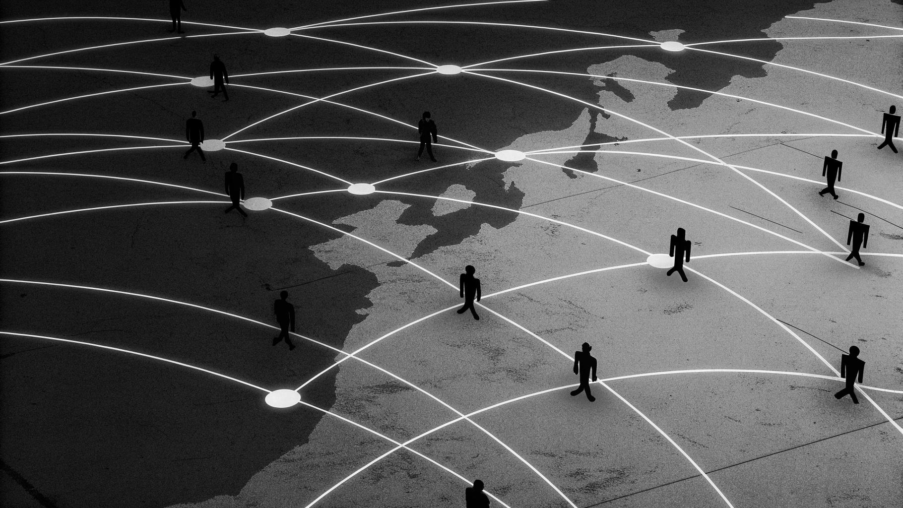 Illustration abstraite d’une élection perturbée par des réseaux numériques et des signaux de désinformation