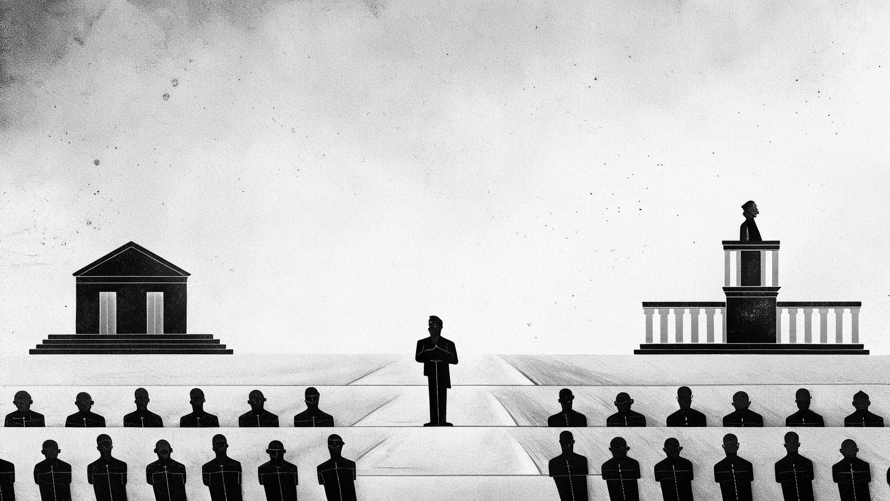 Illustration abstraite d’une campagne présidentielle avec podium et dossiers institutionnels