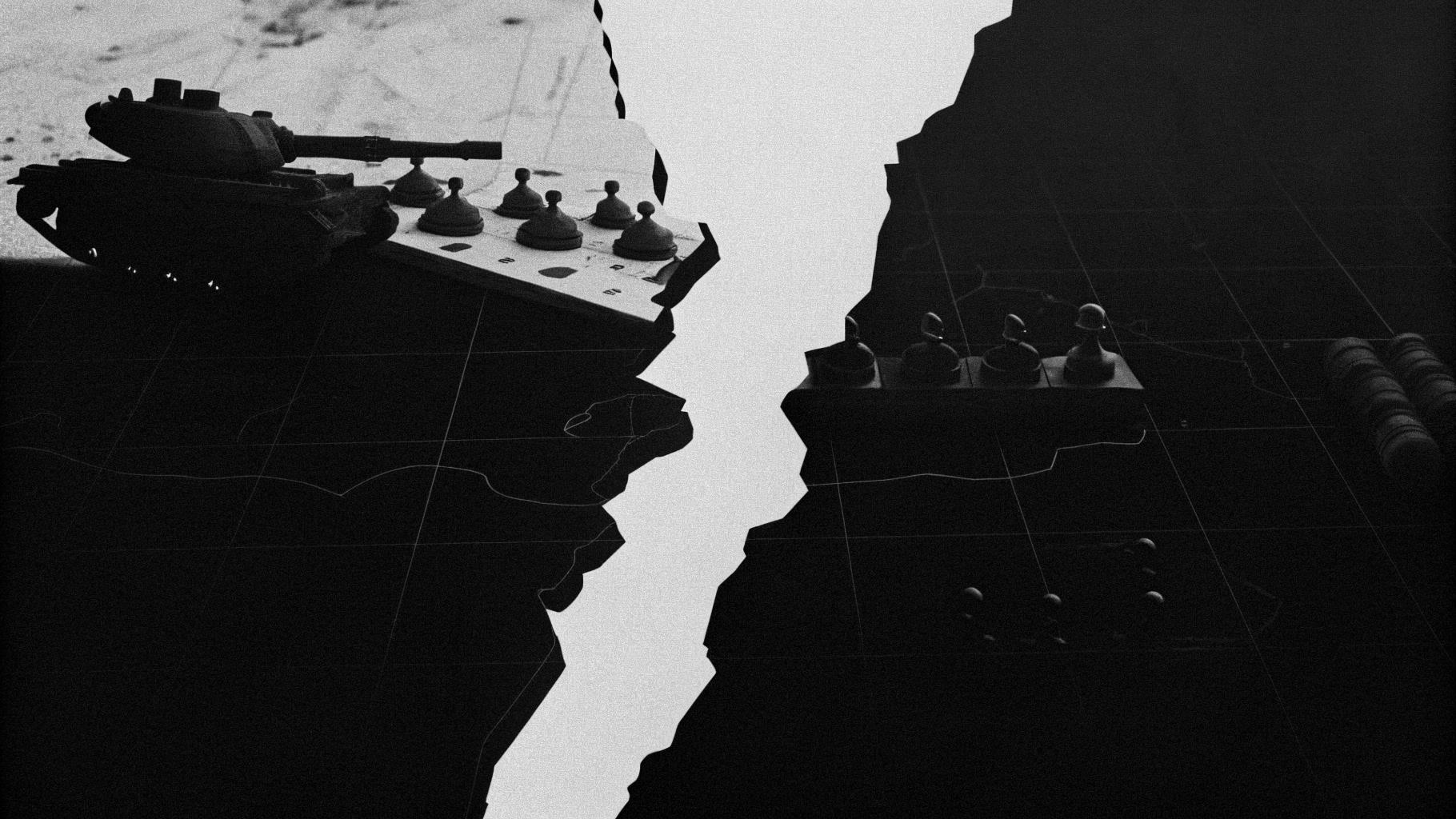 Illustration abstraite d’un territoire fracturé, symbolisant les négociations autour de Gaza