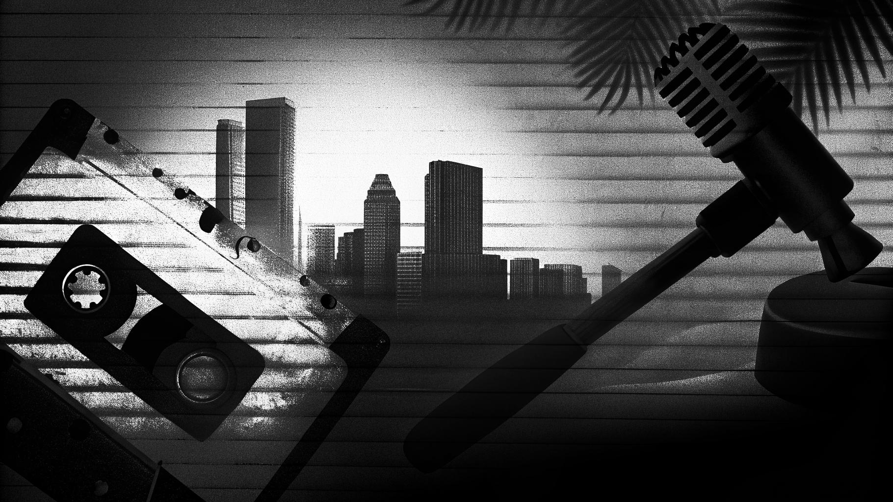 Illustration abstraite d’un procès criminel lié au hip-hop à Las Vegas, dans une ambiance sobre et judiciaire.