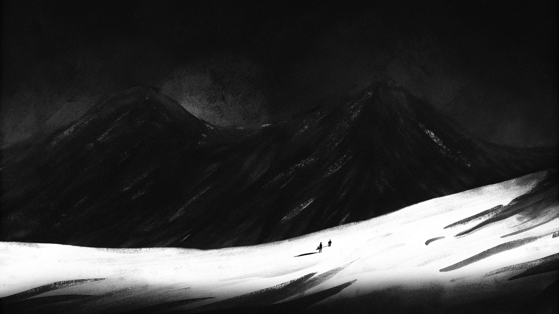 Illustration abstraite d’une pente himalayenne enneigée après une avalanche, avec ambiance de secours en haute montagne.