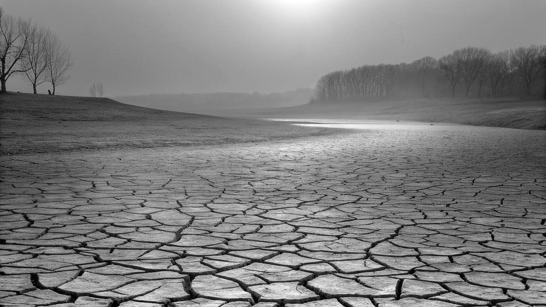Paysage de sécheresse avec sol craquelé et réserve d’eau basse sous une forte chaleur estivale