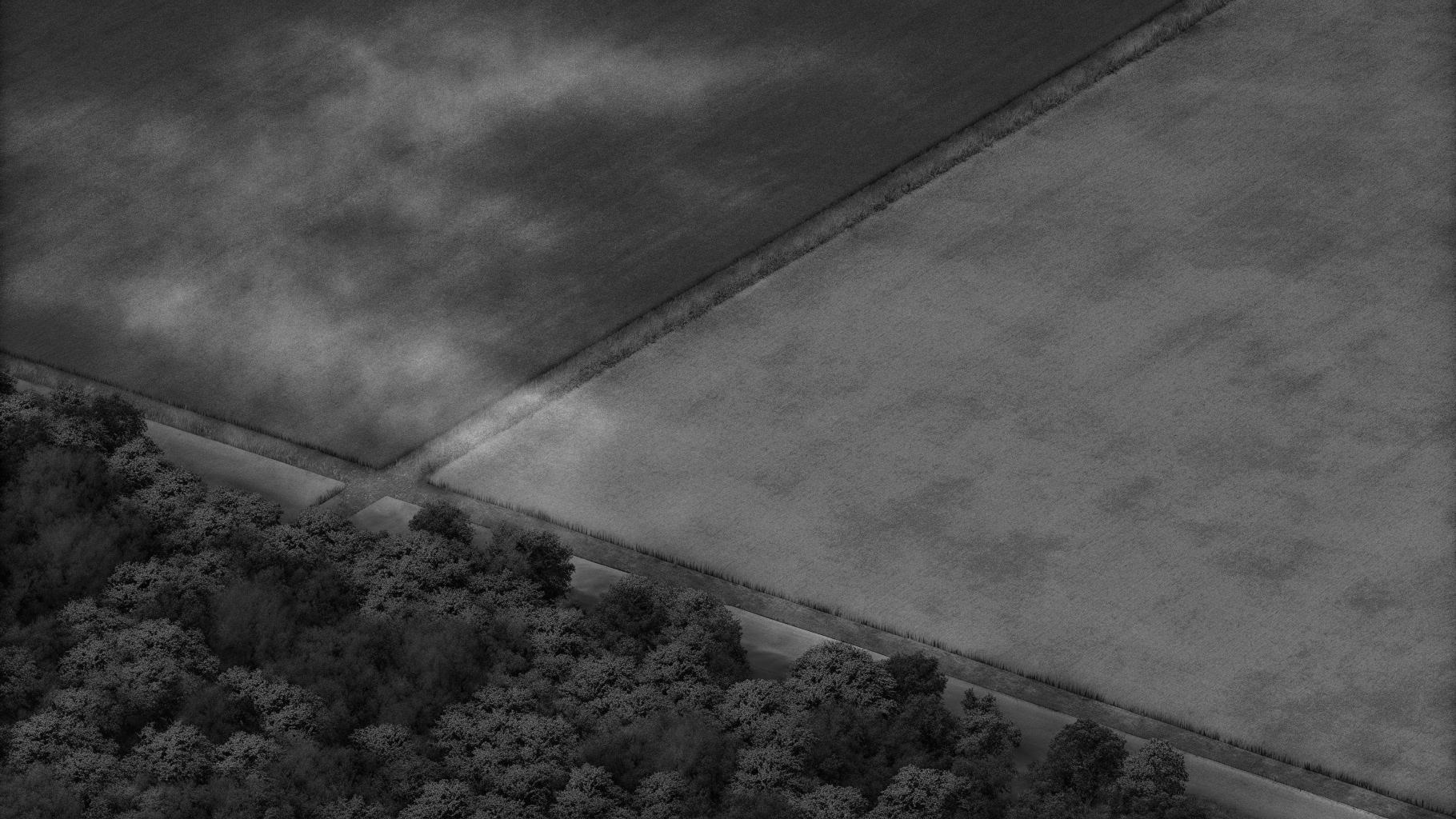 Illustration abstraite d’une lisière entre lotissements et forêt asséchée, avec une légère fumée