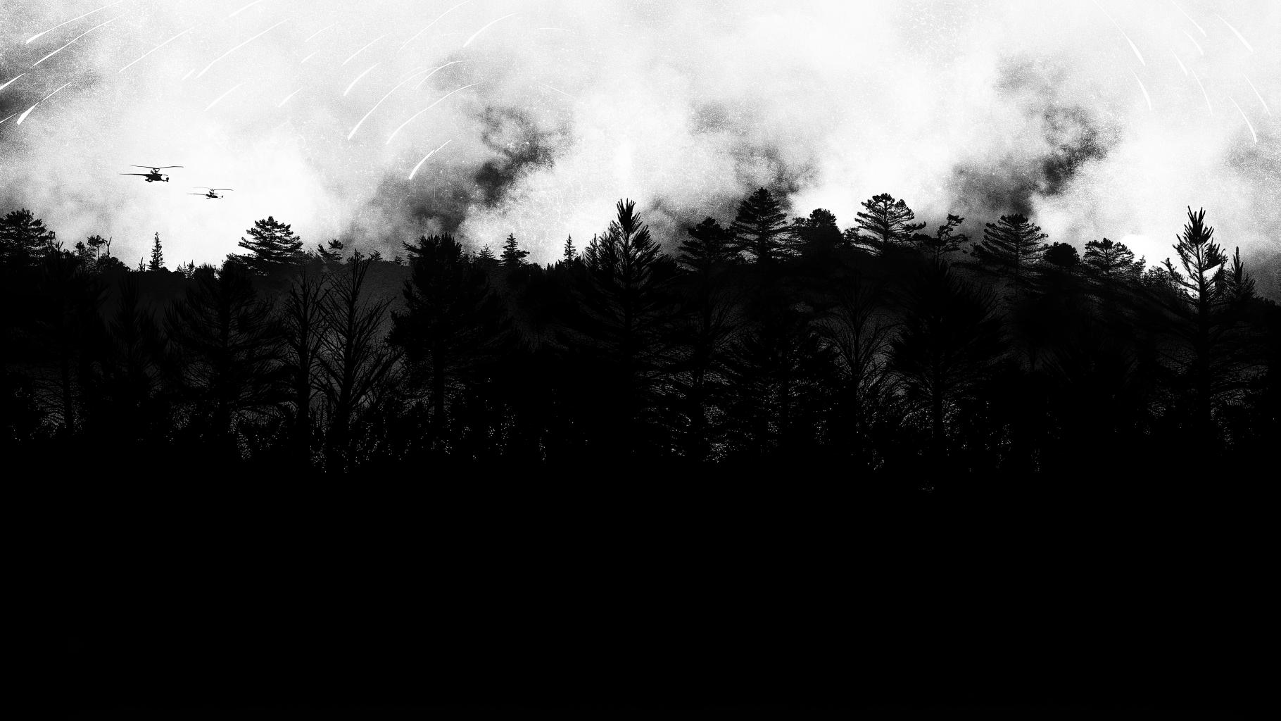 Illustration abstraite d’une forêt touchée par des incendies avec secours en action