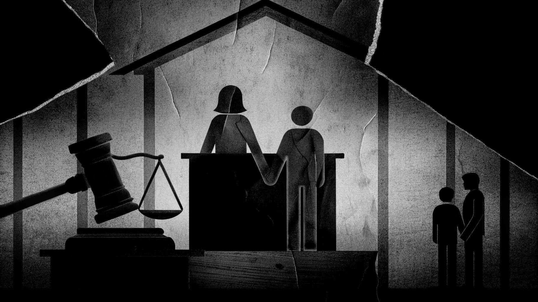 Illustration abstraite évoquant un procès antiterroriste et le retour d’une famille de Syrie