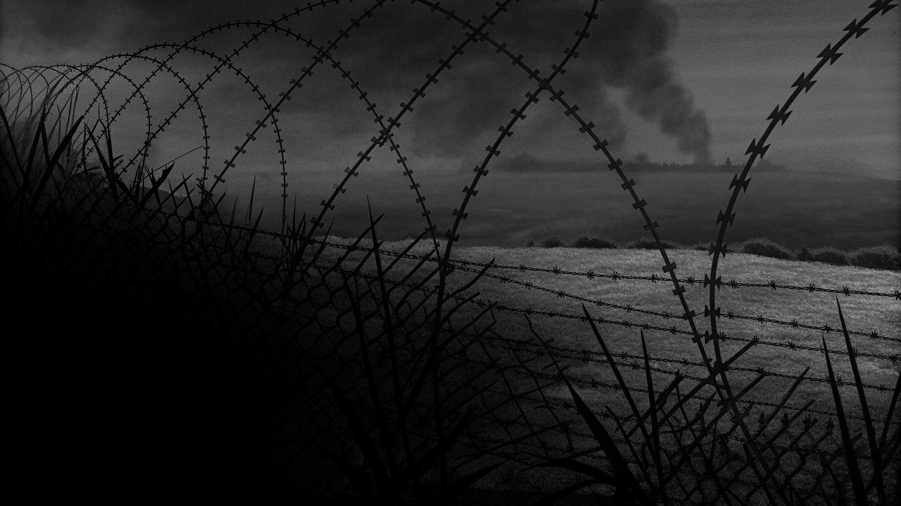 Illustration abstraite d’une zone de tension au sud du Liban avec fumée et silhouettes militaires stylisées