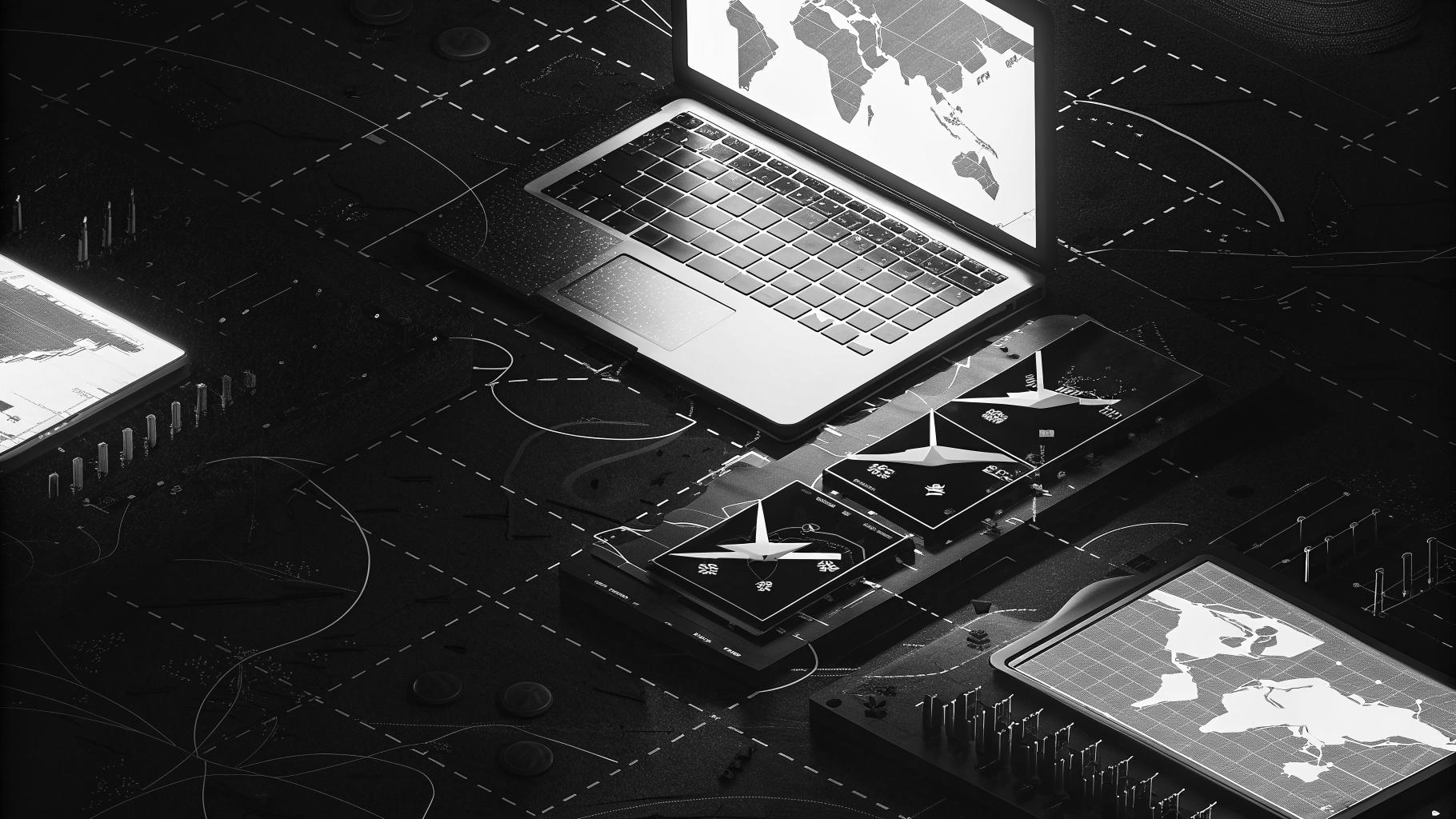 Illustration abstraite d’un système numérique militaire reliant cartes, données et drones sur un champ de bataille