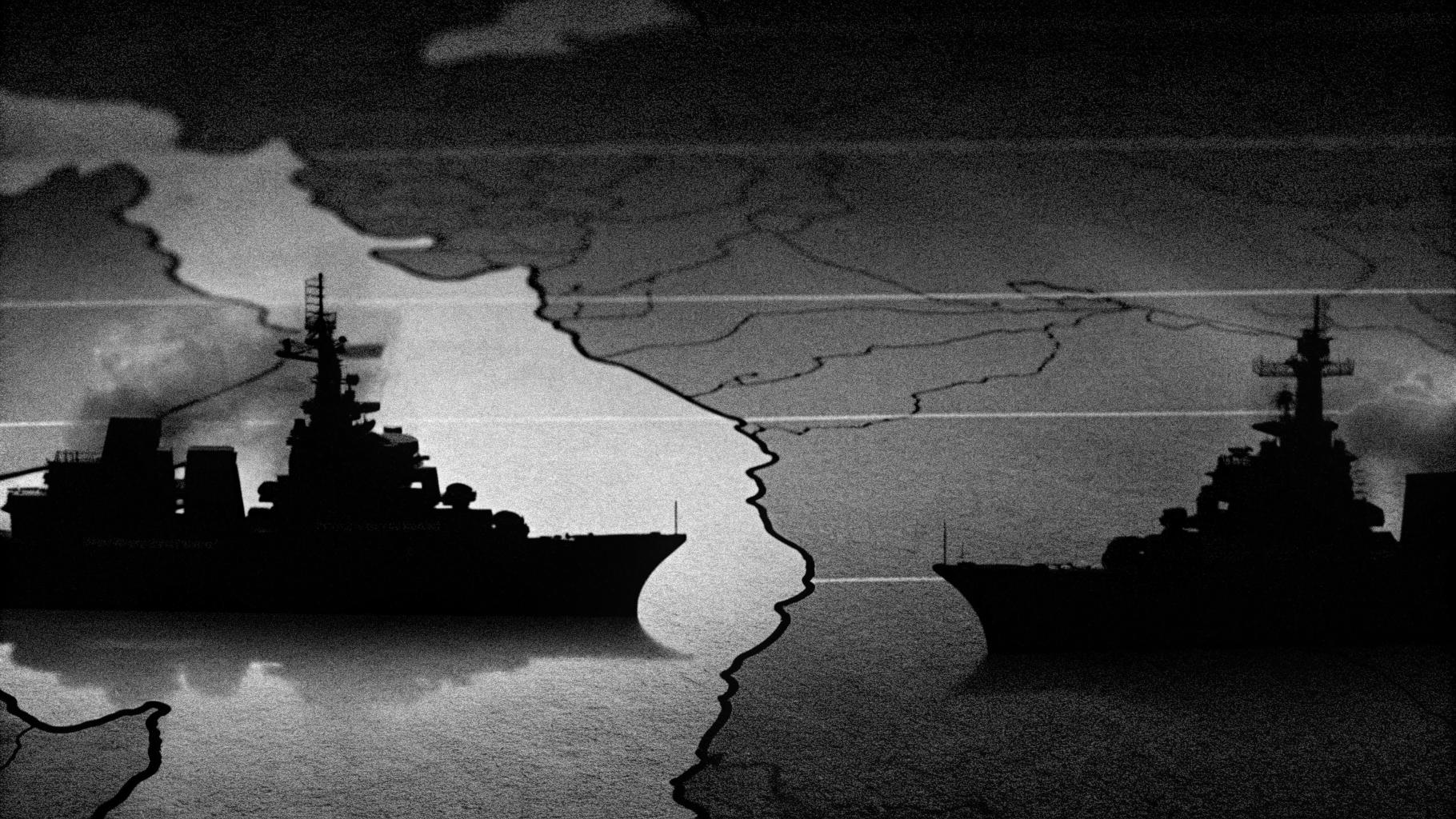 Illustration abstraite d’une crise géopolitique dans le Golfe, avec silhouettes navales et carte stylisée