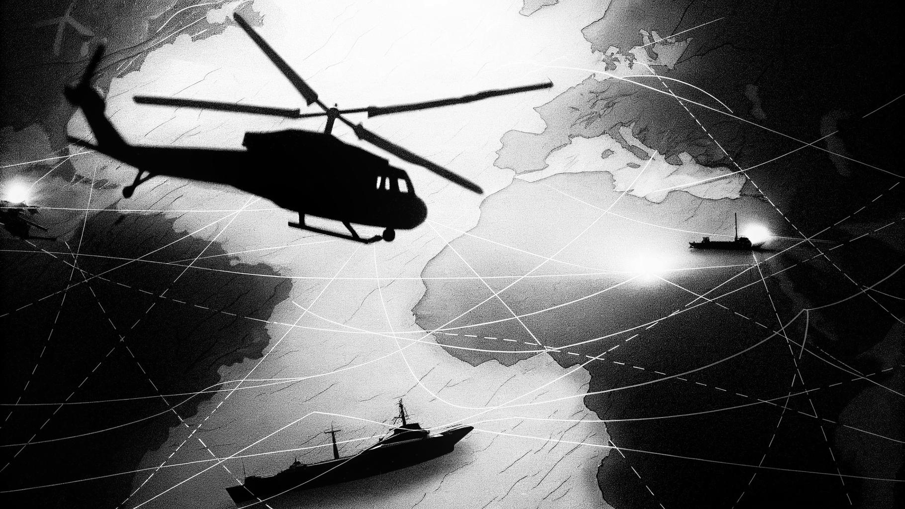 Illustration abstraite d’un hélicoptère militaire au-dessus d’un détroit stratégique, sur fond de tensions géopolitiques.