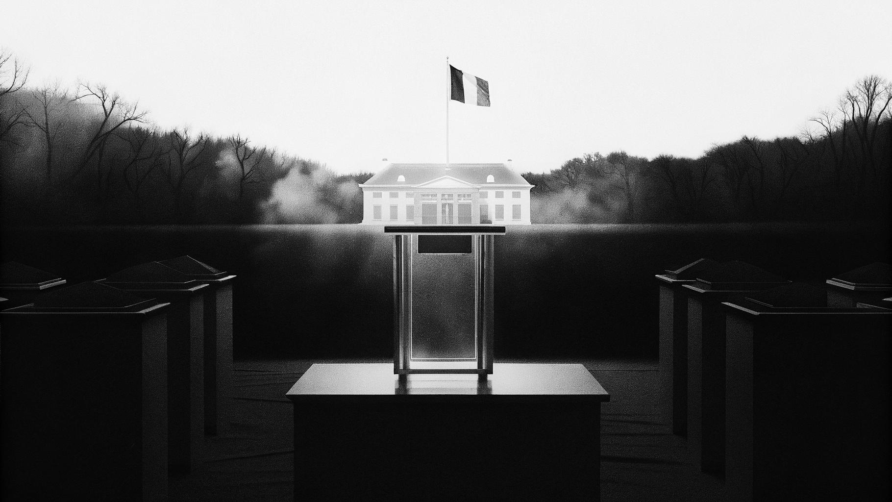 Illustration abstraite de graphiques électoraux et d'une ambiance de campagne présidentielle, en tons sobres.