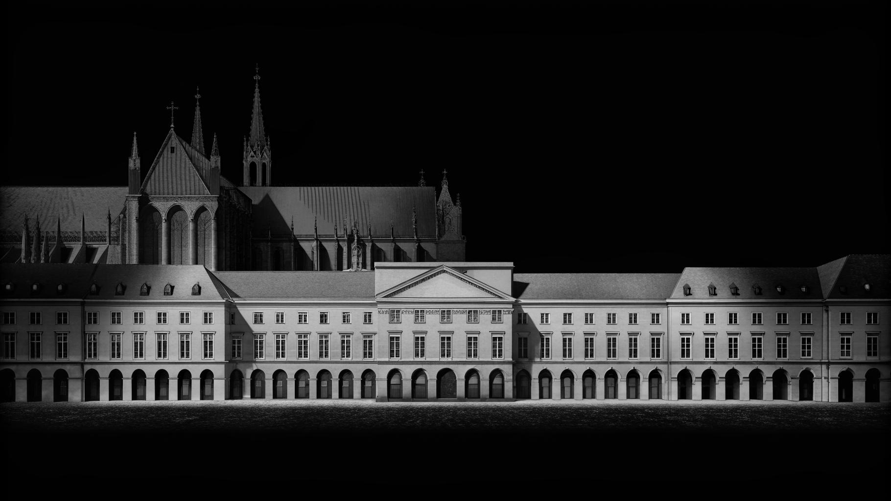 Illustration abstraite de Metz avec la cathédrale Saint-Étienne et le centre Robert-Schuman, sur fond de paix européenne.