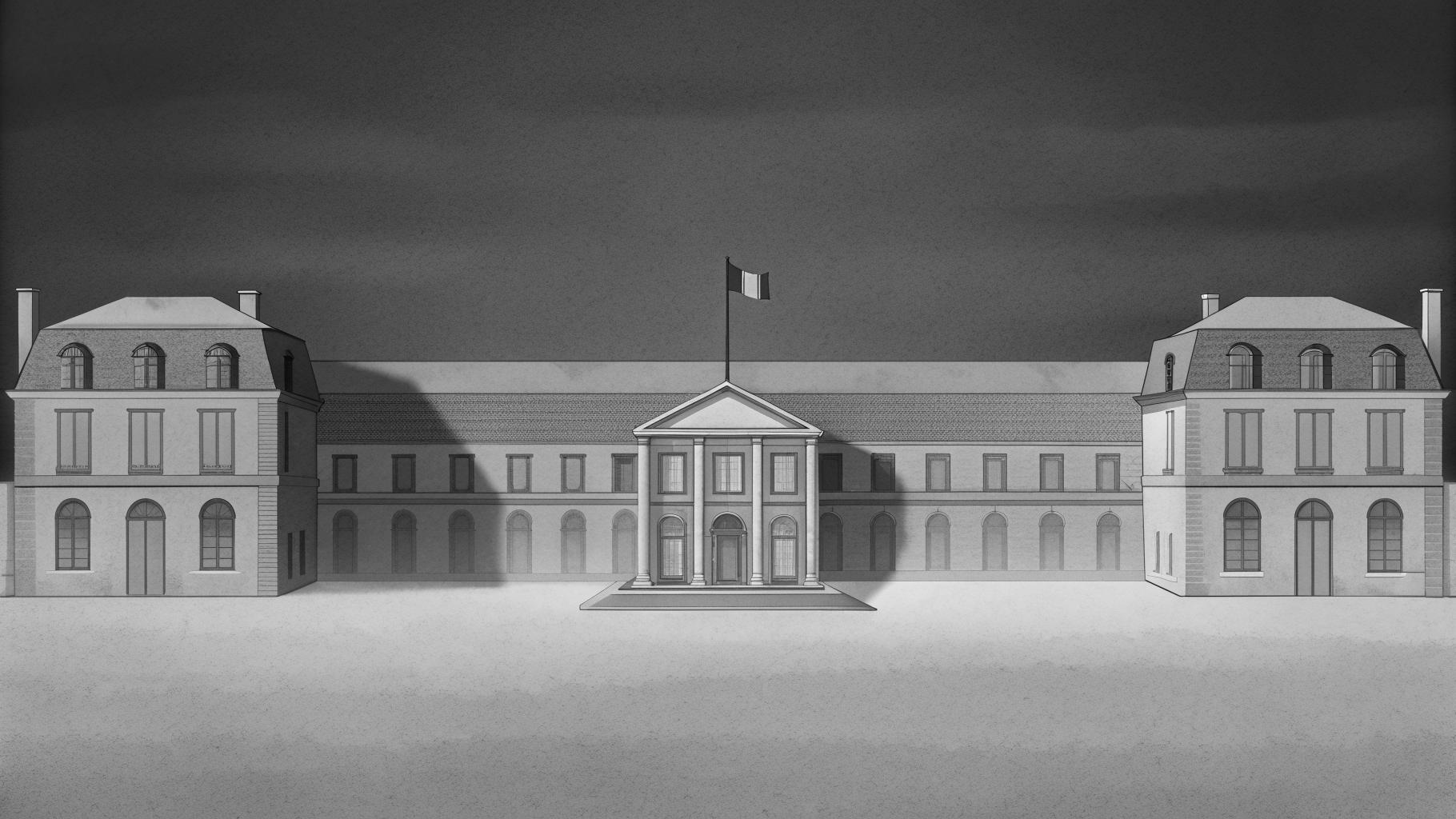 Illustration abstraite de la France avec l’Élysée, l’Assemblée nationale et des symboles du budget des ménages