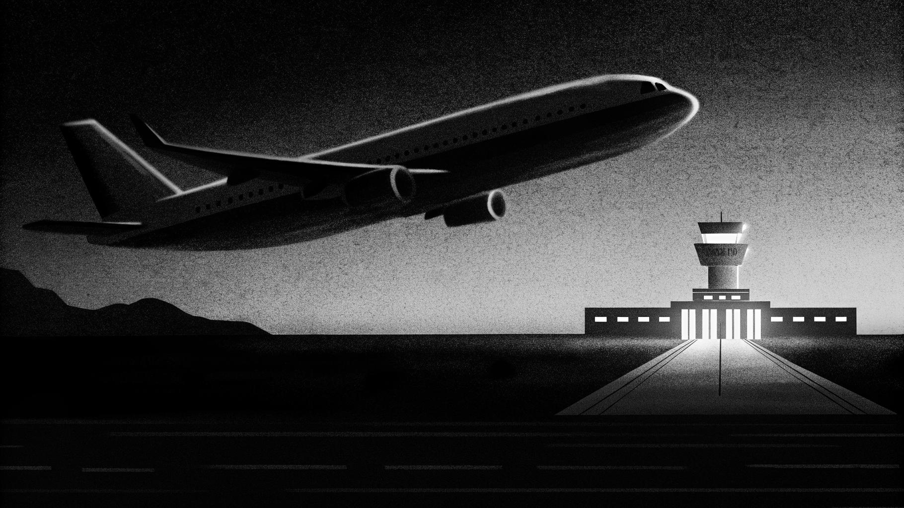 Illustration abstraite d’un avion de ligne dérouté en Arabie saoudite, avec piste d’aéroport et ambiance de crise aérienne.