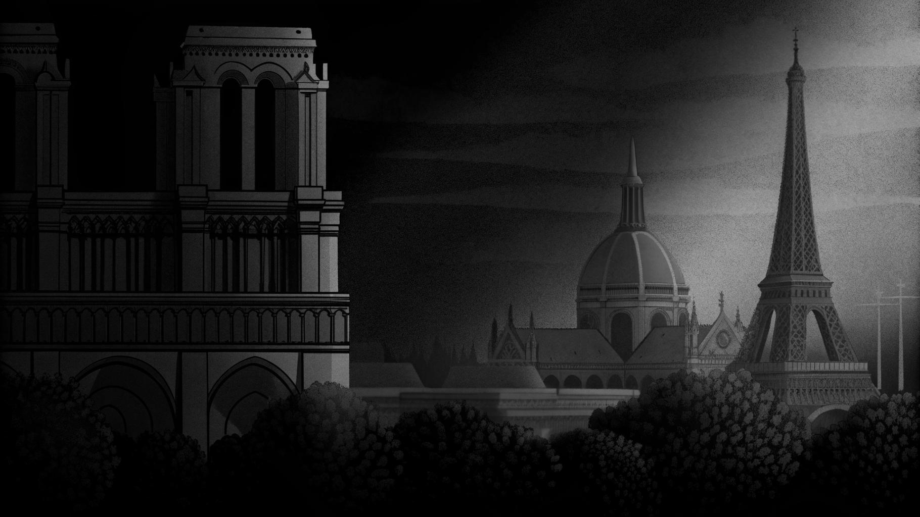Illustration abstraite de Paris avec des symboles civiques et religieux en tons sobres