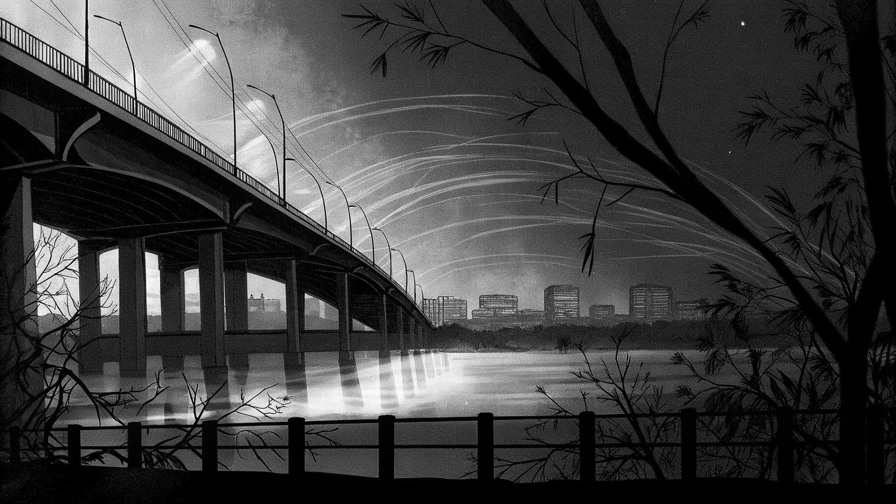 Vue éditoriale abstraite de Kiev et du pont Pivdenny sur le Dniepr après une frappe nocturne