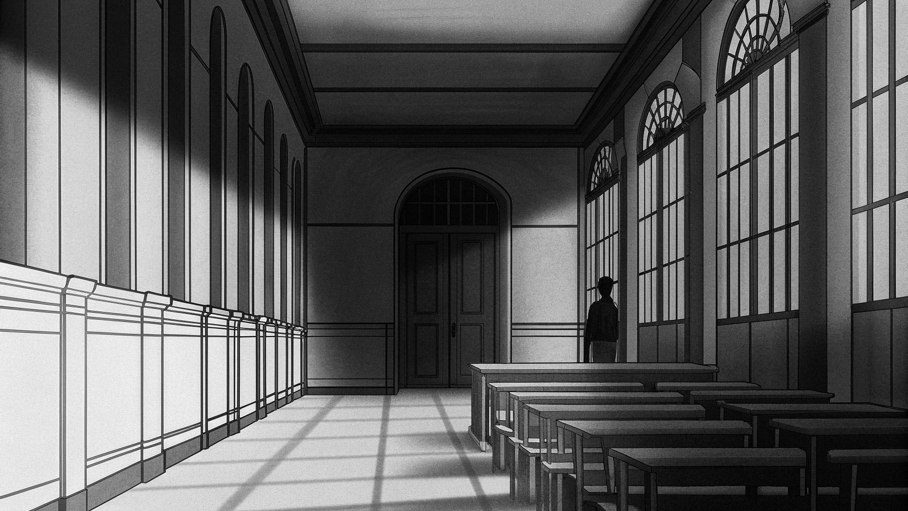 Illustration abstraite d’un lycée français perturbé, avec un couloir scolaire vide et des silhouettes suggérant la crise de l’éducation.