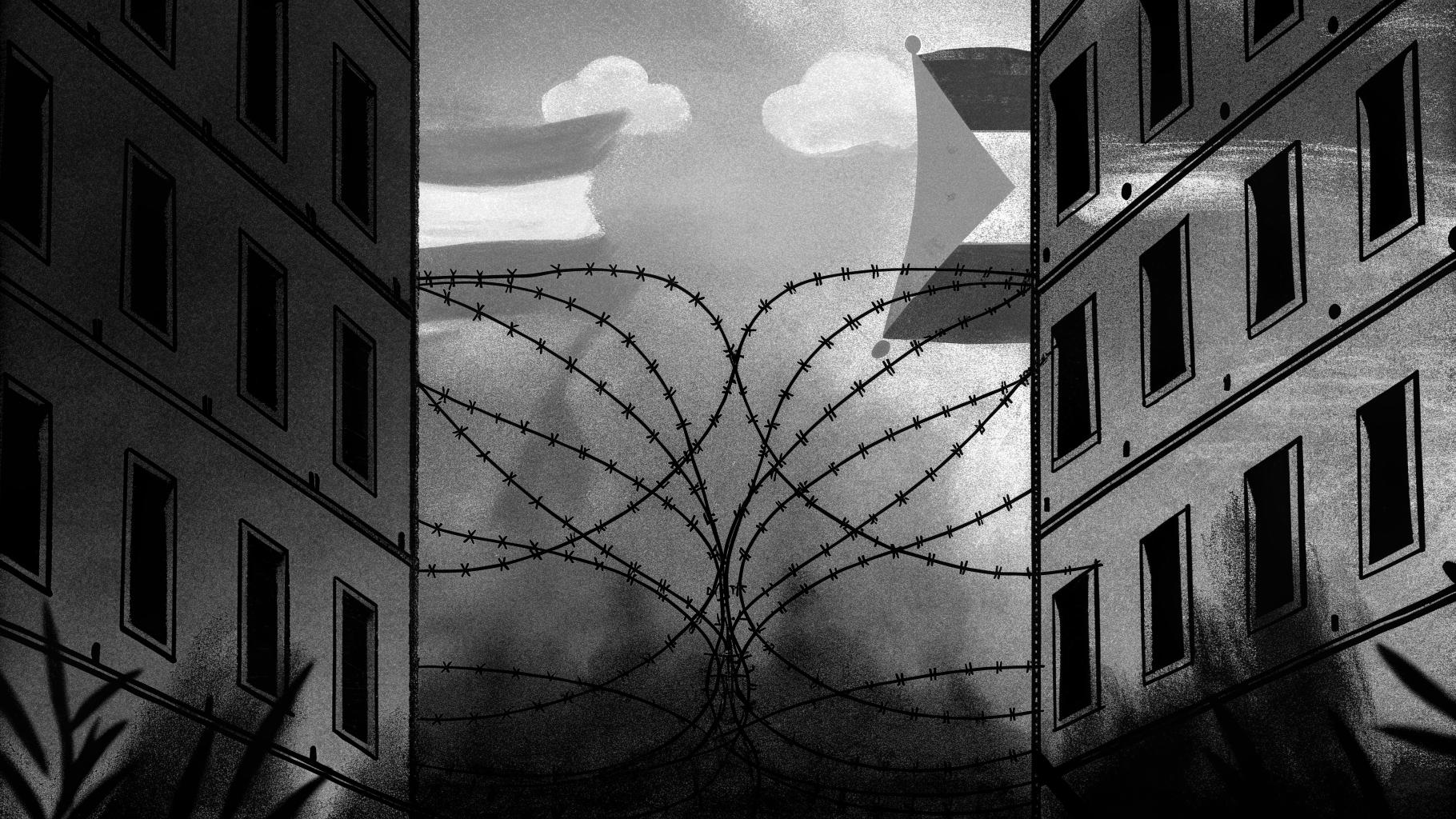 Illustration abstraite montrant un pont fragile entre deux paysages urbains représentant Israël et les territoires palestiniens.