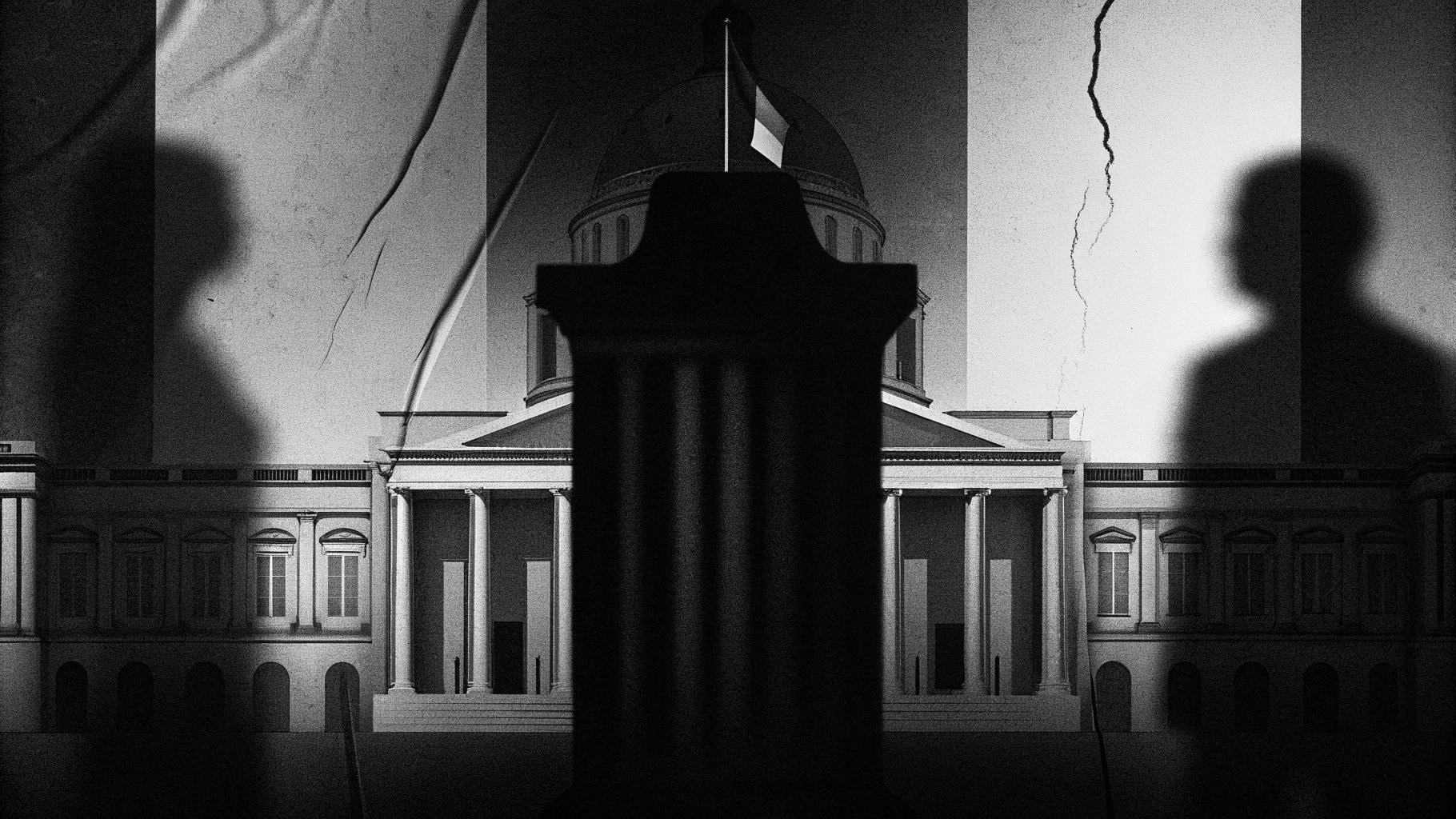 Illustration abstraite d’une crise politique française autour d’un pupitre fissuré, avec des silhouettes évoquant l’Assemblée nationale et l’Élysée.