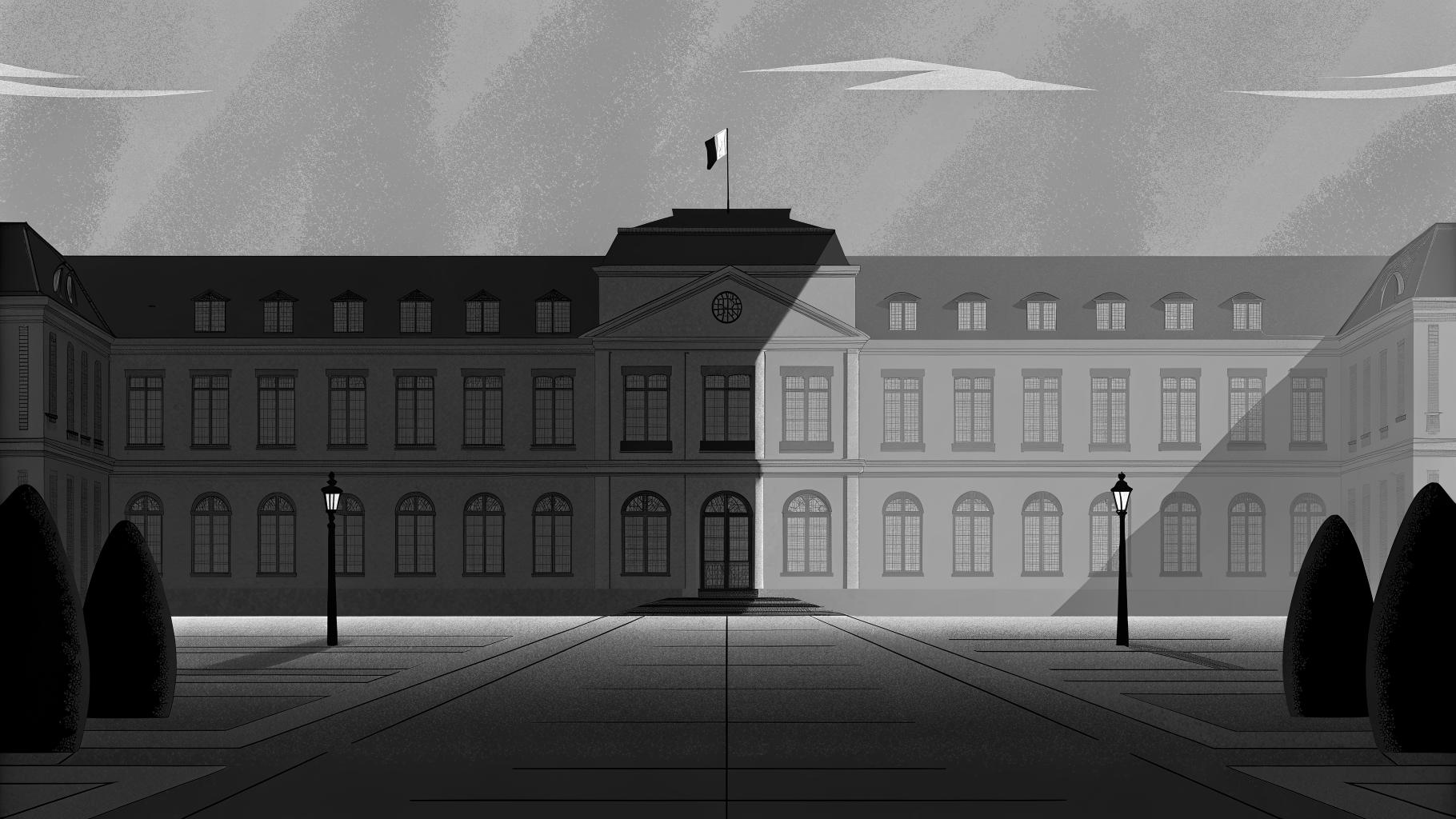 Illustration abstraite d’un lycée français fermé dans un contexte de mobilisation et de tensions autour de la sécurité scolaire.