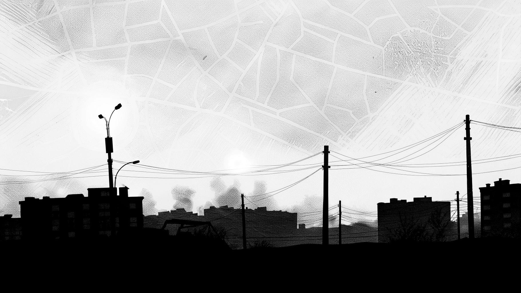 Silhouettes urbaines de Kharkiv et lueurs d’intervention après une frappe aérienne.