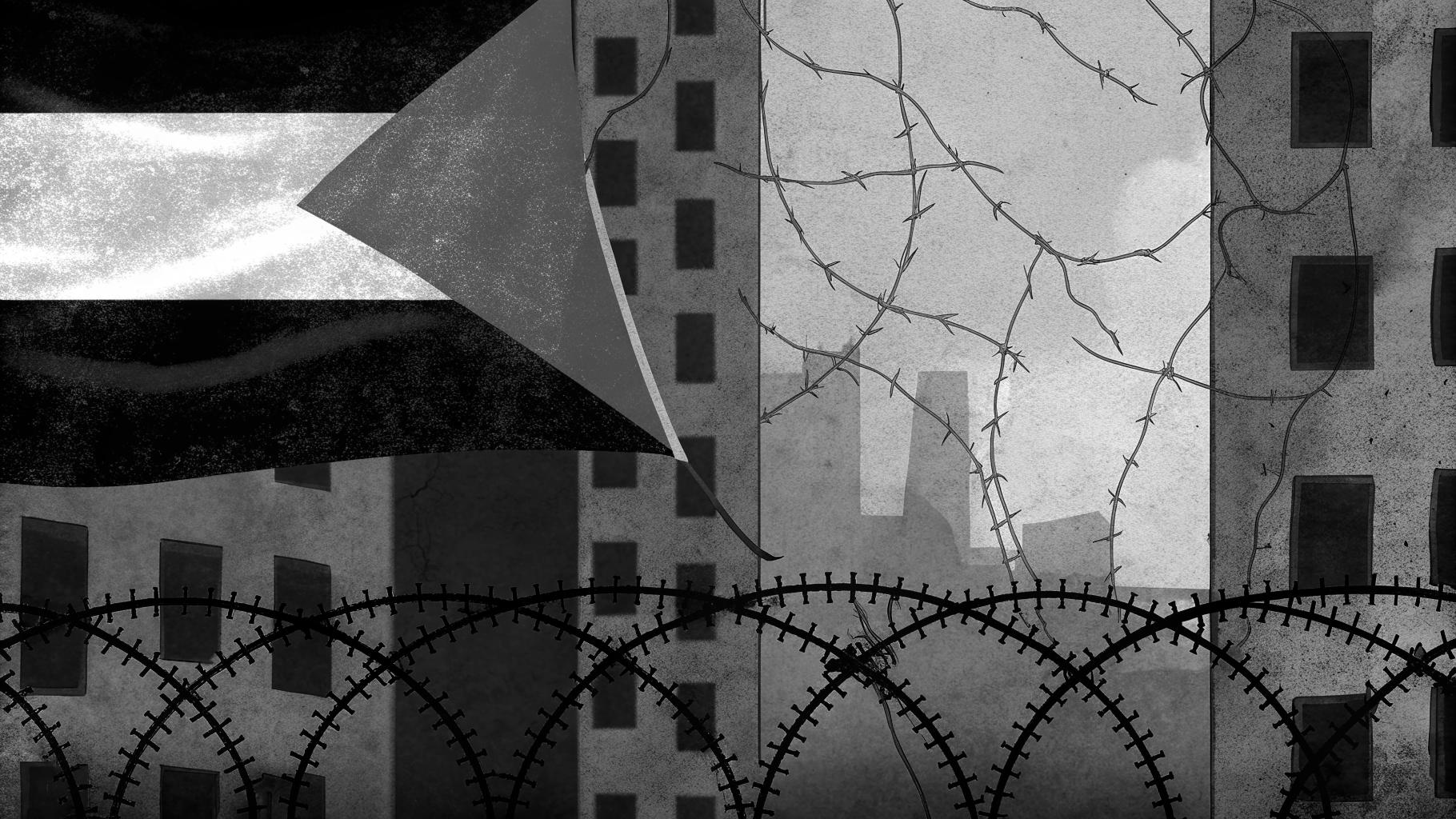 Illustration abstraite de Gaza dévastée, marquée par les ruines, les pénuries et une ligne de cessez-le-feu persistante.