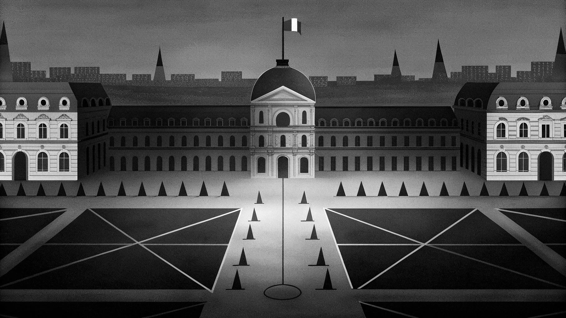 Illustration abstraite représentant des chemins politiques convergeant vers l’Élysée et l’Assemblée nationale en France.
