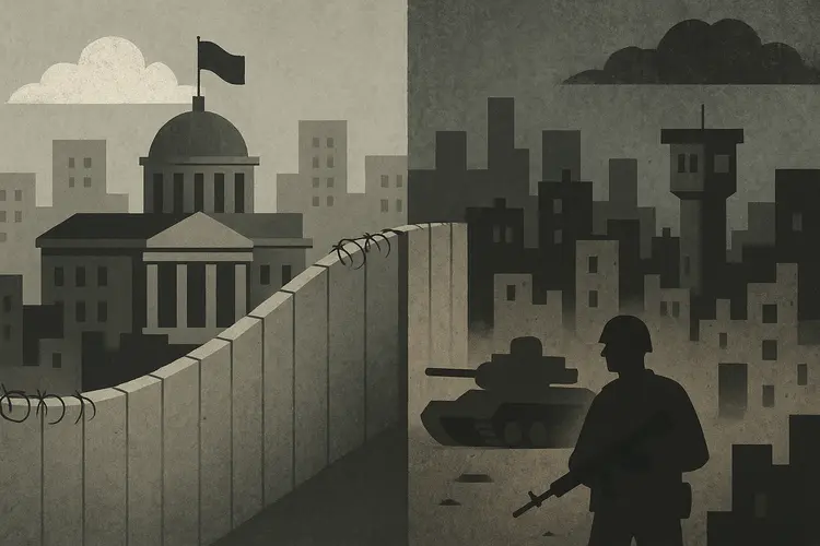 Landscape abstract illustrating the political division in a city, symbolizing governance challenges in Palestine.