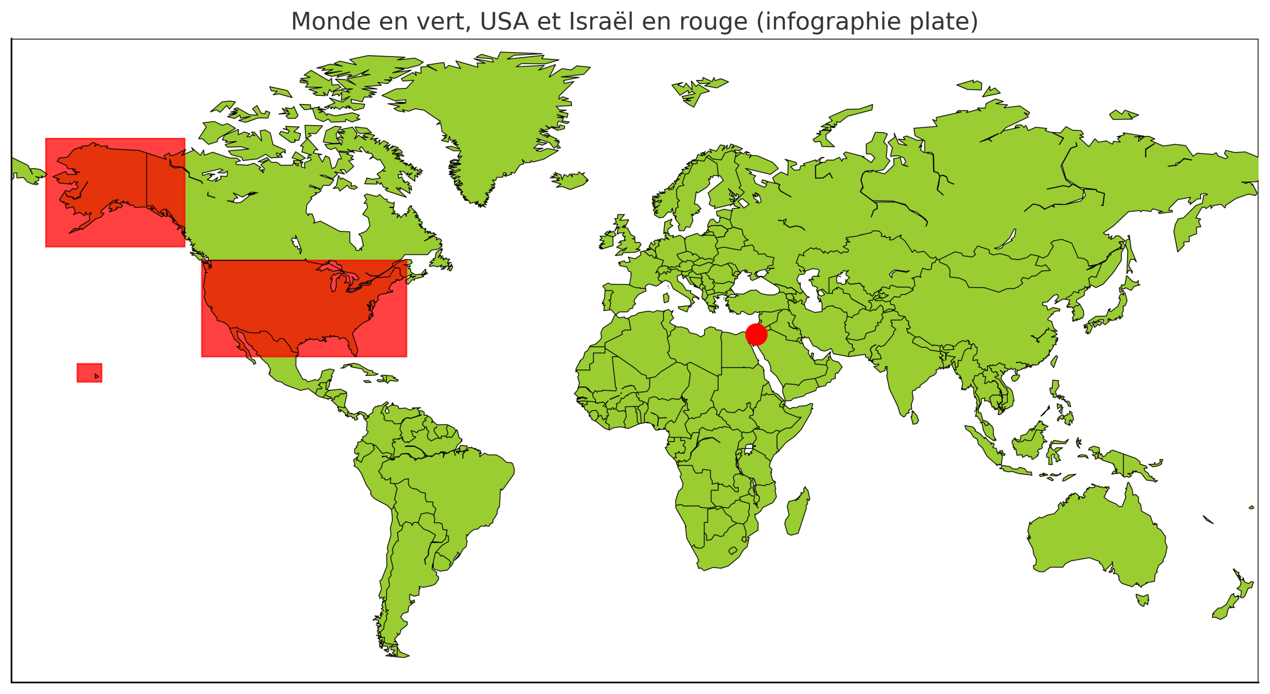 Carte mondiale avec USA et Israël en rouge, le reste en vert
